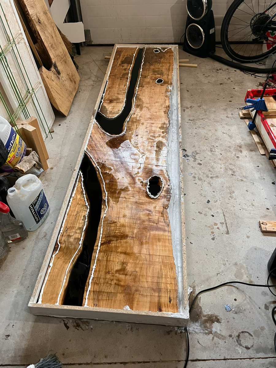 Bar countertop — epoxy river pour in progress