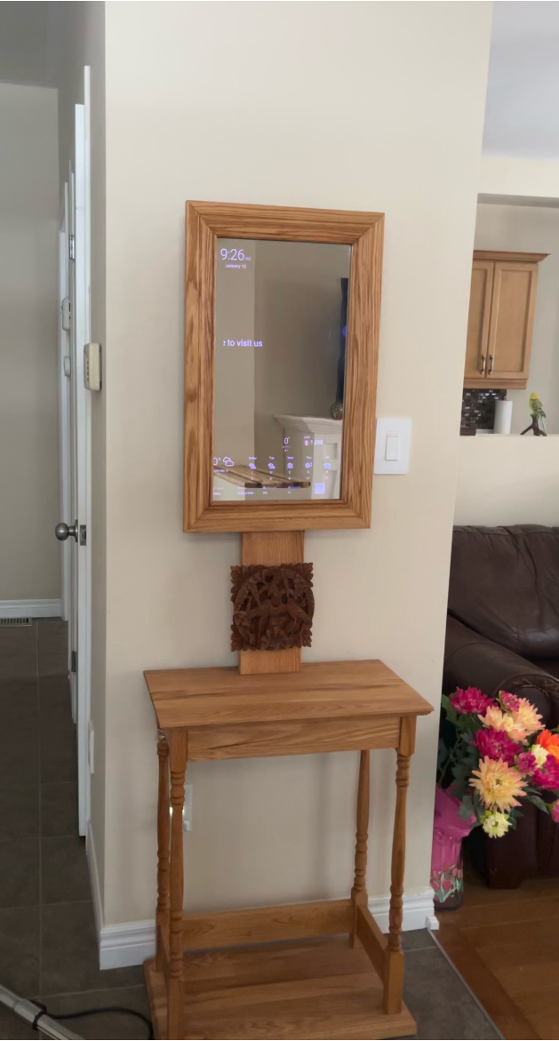 Smart magic mirror with oak frame and console table